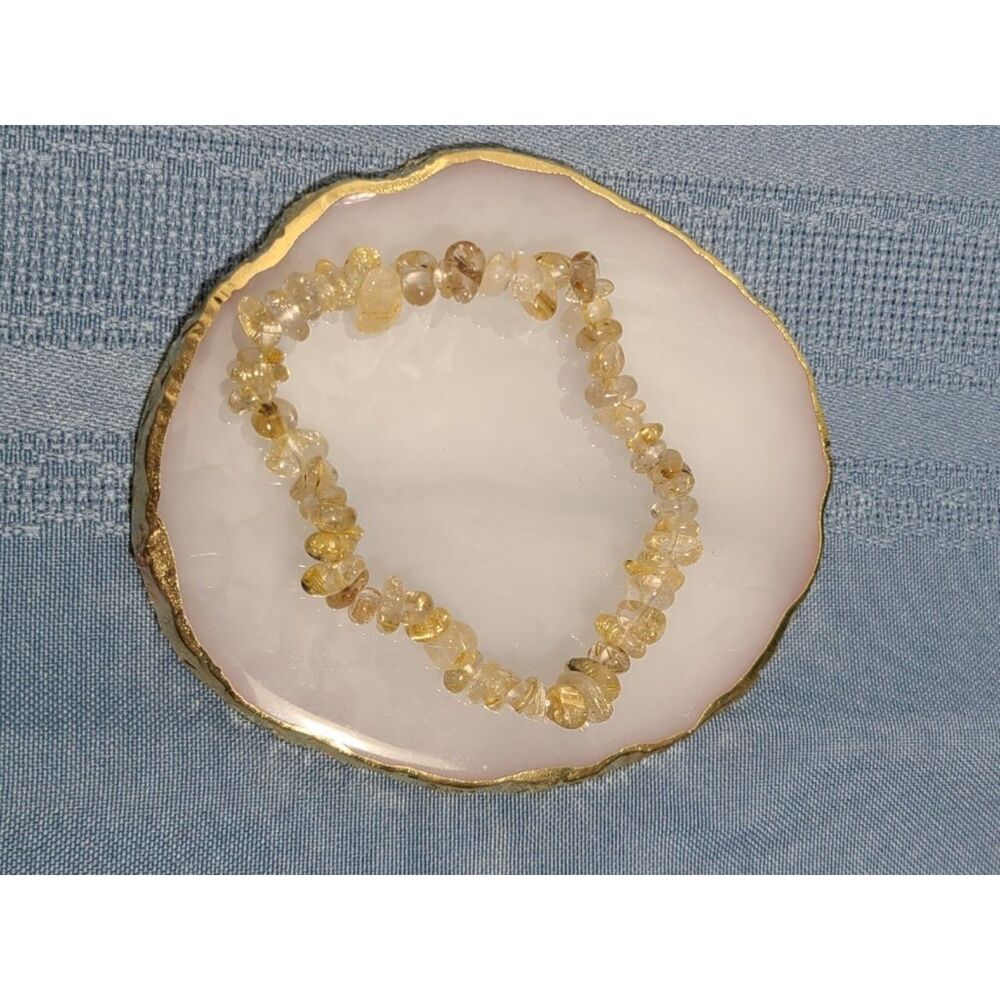 Natural Golden Rutilated Quartz Chip Stretch Bracelet 7 In Gemstone Crystal Heal